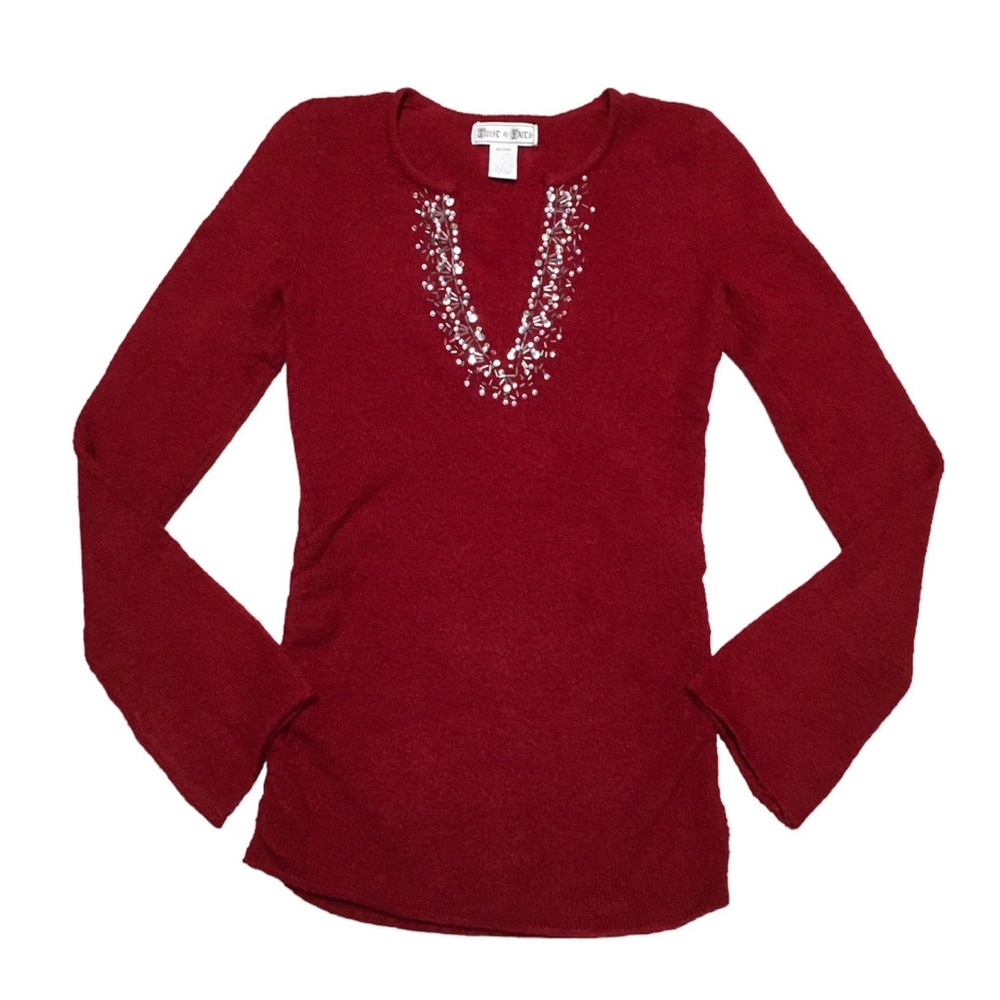 Y2K Tunic Women’s M Red Sequin Ruched Beaded V Neck Casual Long Sleeve Sweater